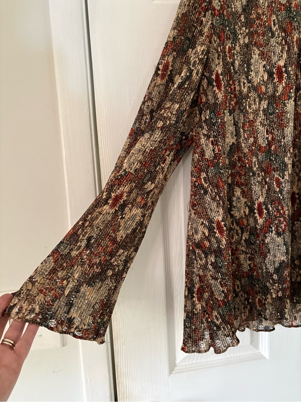 Prairie Floral Pleated Sheer Blouse Ruffle Neck Boho Cottagecore Vintage ILGWU - Picture 9 of 12